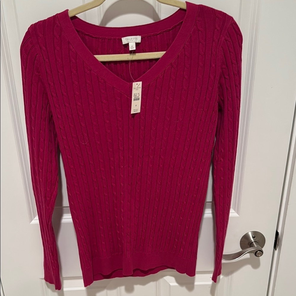 Talbots Fuchsia Cable Knit V-Neck Sweater M NWT